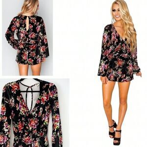 Show Me Your Mumu black floral velvet romper long sleeve top shorts combo Medium